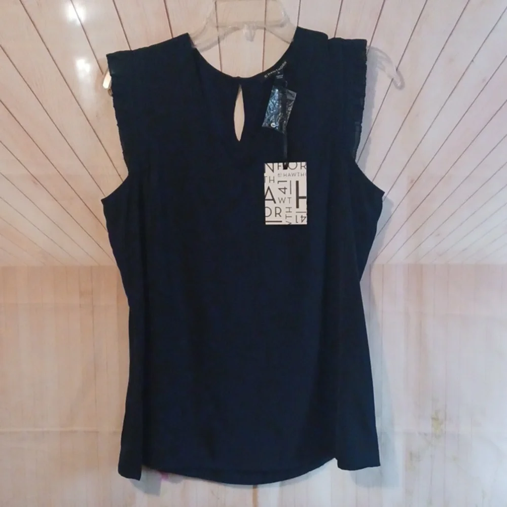 41 Hawthorne Navy Blue Blouse Ruffle Sheer Trim - Picture 1 of 4